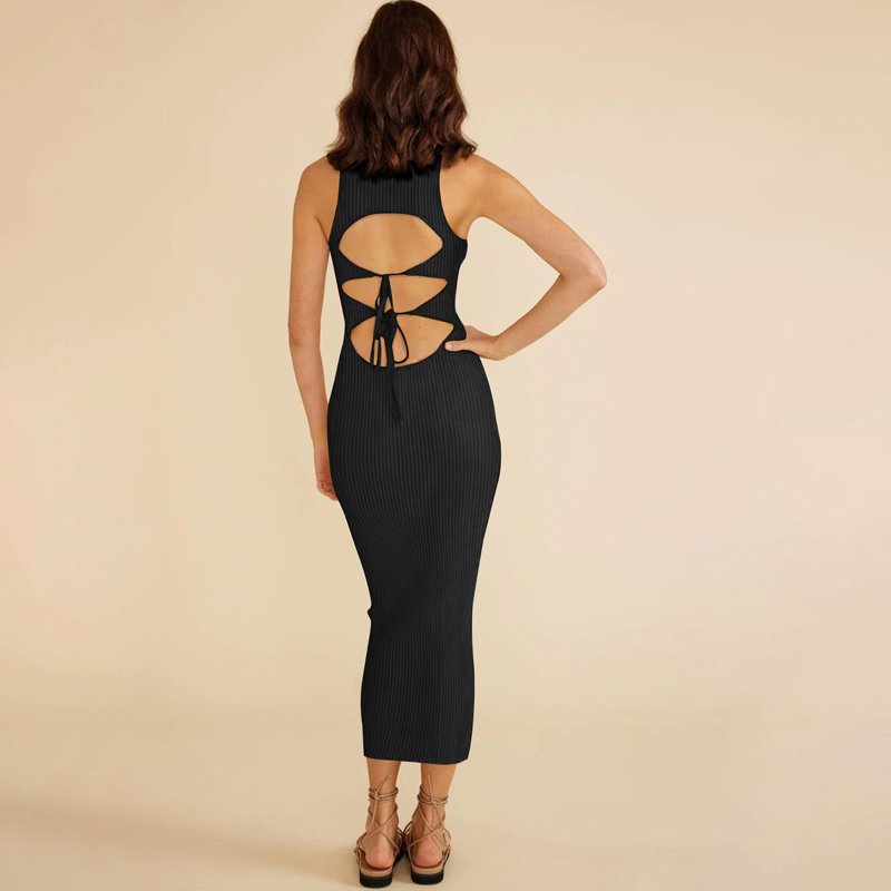 Women's Cutout Back Tank Dresses Ribbed Knit Plain Slim Sexy Midi Dress