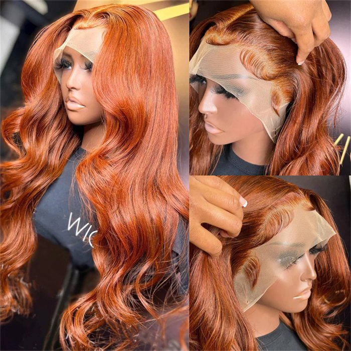 Wholesale Light Chocolate Brown Orange Ginger Colored 13X4 HD Invisible Lace Front Wigs Human Hair Body Wave Lace Front Wig