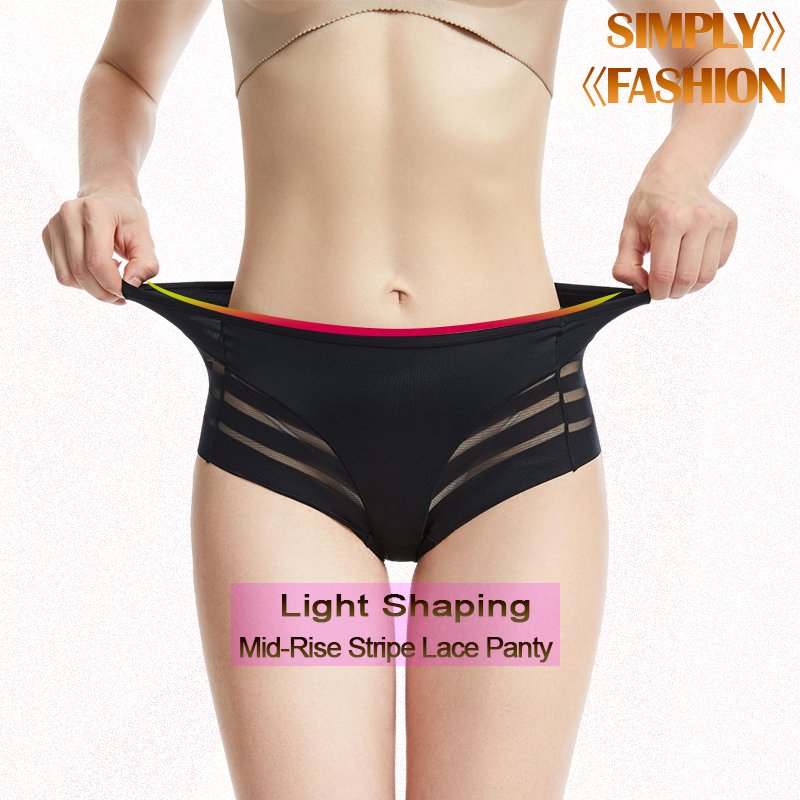 Popular Women Tummy Control Briefs Stripe Lace Transparent Underwear Plus Size Mid-Rise Control Shapewear Panties Icesilk Bragas