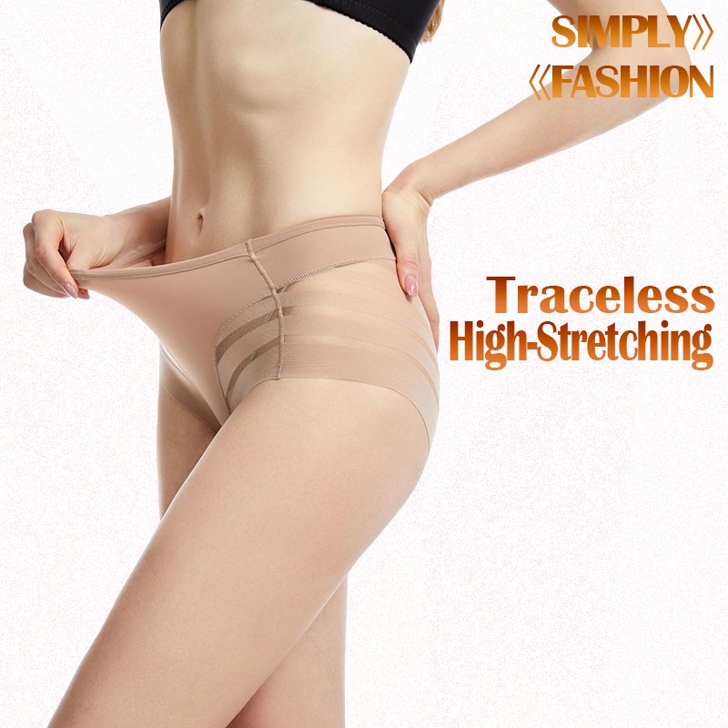 Popular Women Tummy Control Briefs Stripe Lace Transparent Underwear Plus Size Mid-Rise Control Shapewear Panties Icesilk Bragas