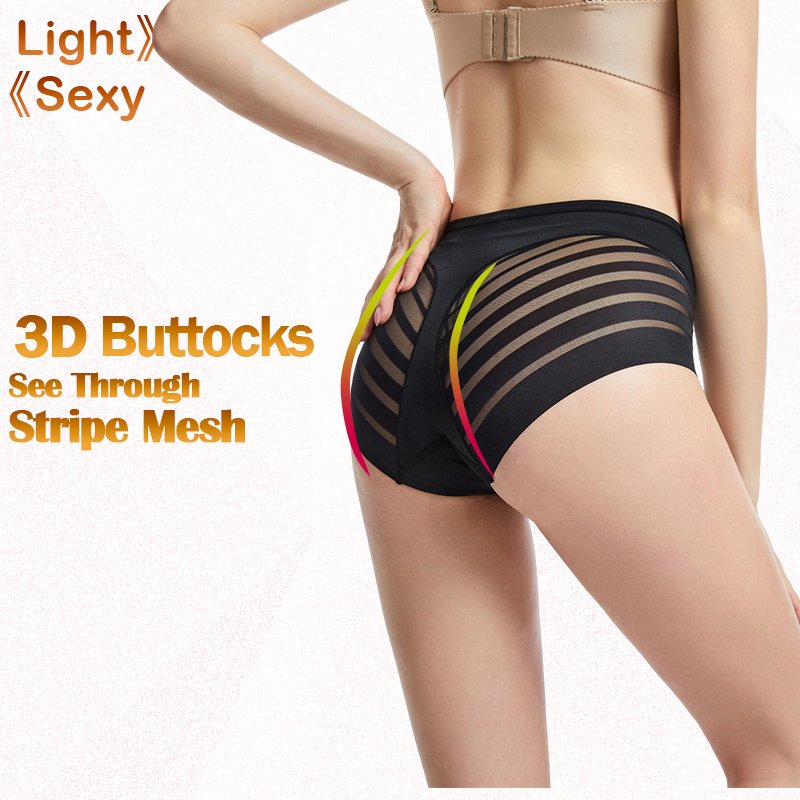 Popular Women Tummy Control Briefs Stripe Lace Transparent Underwear Plus Size Mid-Rise Control Shapewear Panties Icesilk Bragas
