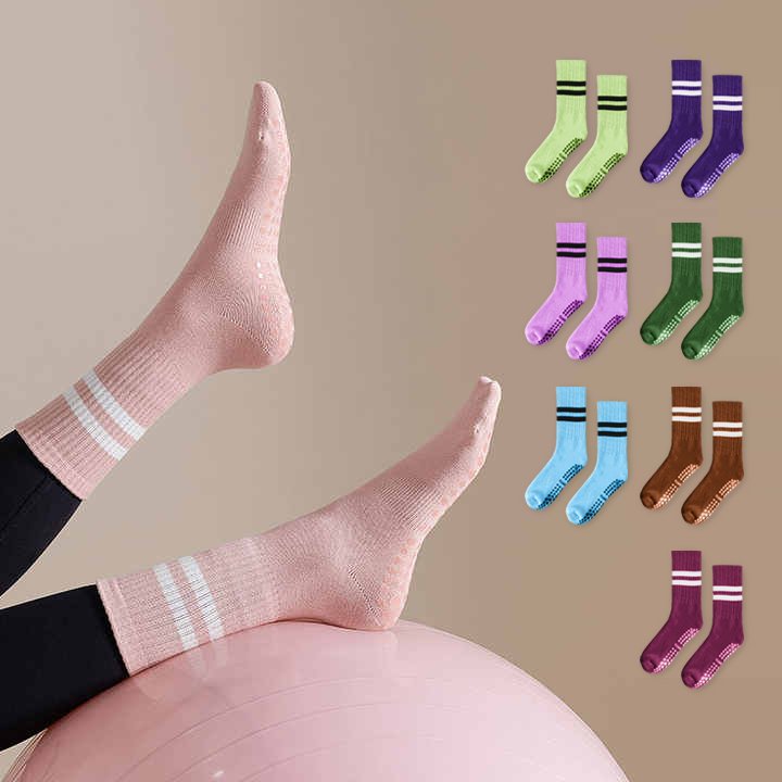Pure Cotton Crew Ribs Socks For Women Pilates Yoga Breathable Non-slip Silicone Grips Socks For Men And Women