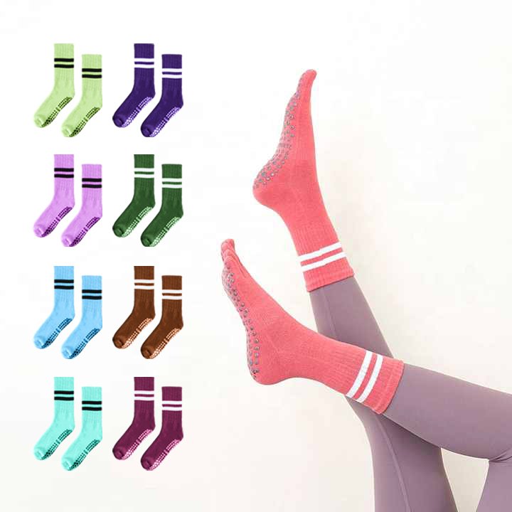 Pure Cotton Crew Ribs Socks For Women Pilates Yoga Breathable Non-slip Silicone Grips Socks For Men And Women