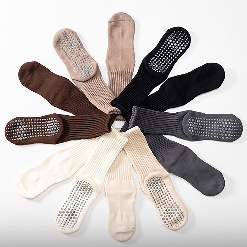 Pure Cotton Crew Ribs Socks For Women Pilates Yoga Breathable Non-slip Silicone Grips Socks For Men And Women