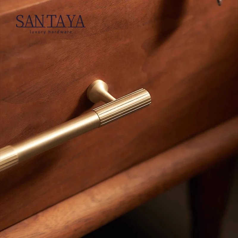 Brass Gold Furniture Handle Modern Minimalism Knitted Ribbed Luxury Door Knobs T-Bar Solid Kitchen Cabinet Handle Pulls