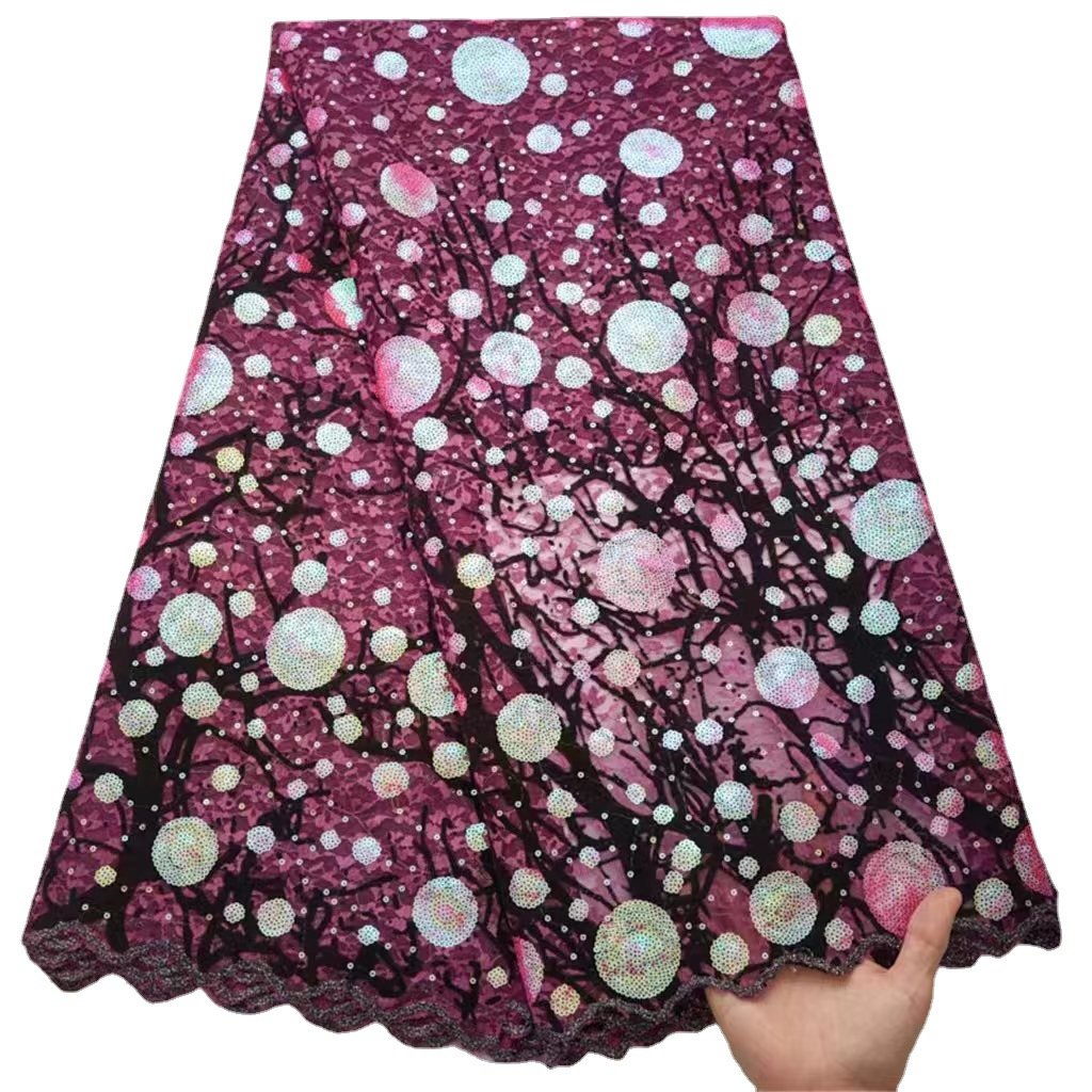 2024 African Nigerian Lace Fabric 100% Polyester Embroidery Tulle Lace Sewing Party Clothing Wave Point Lace Sequin Fabric