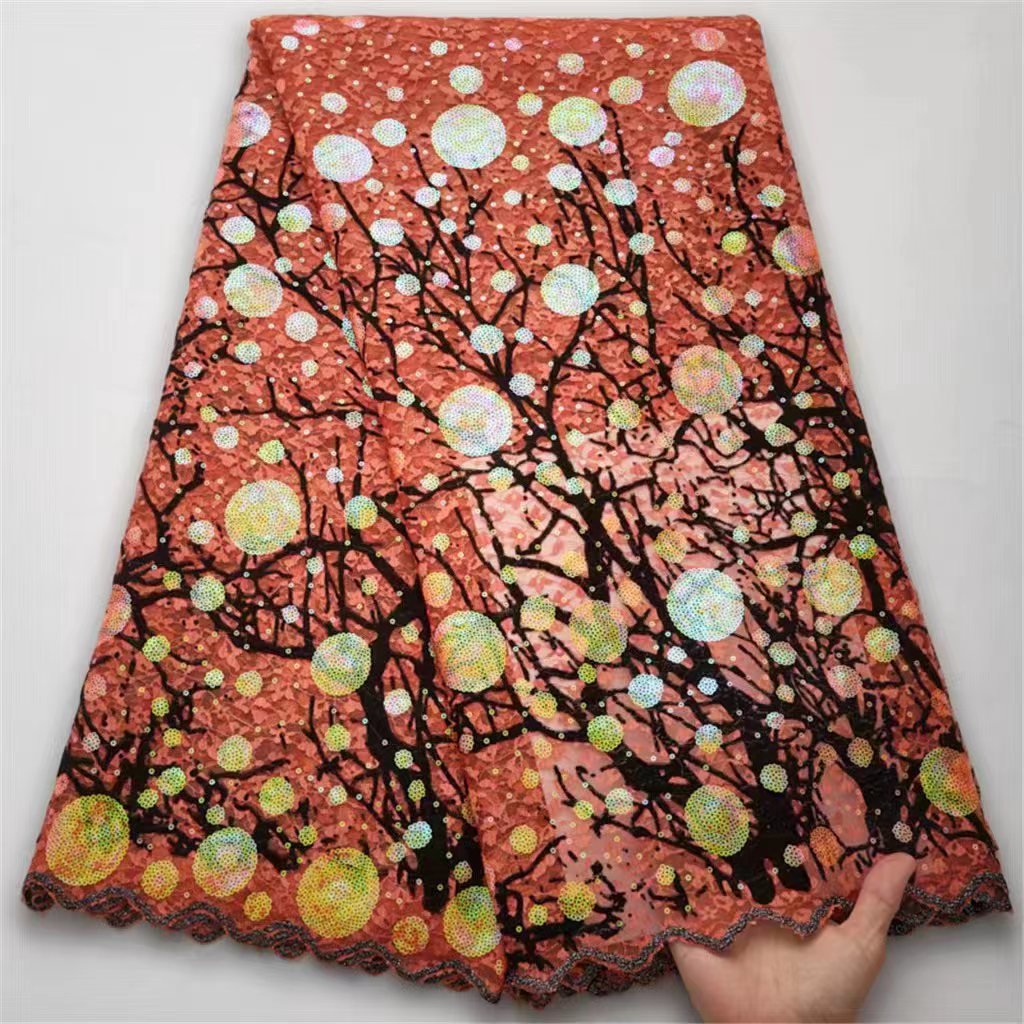 2024 African Nigerian Lace Fabric 100% Polyester Embroidery Tulle Lace Sewing Party Clothing Wave Point Lace Sequin Fabric