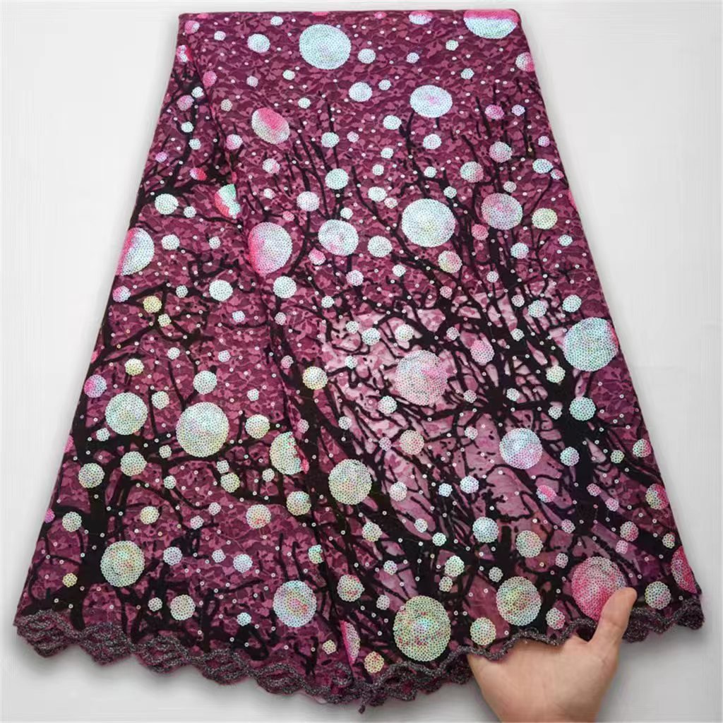 2024 African Nigerian Lace Fabric 100% Polyester Embroidery Tulle Lace Sewing Party Clothing Wave Point Lace Sequin Fabric