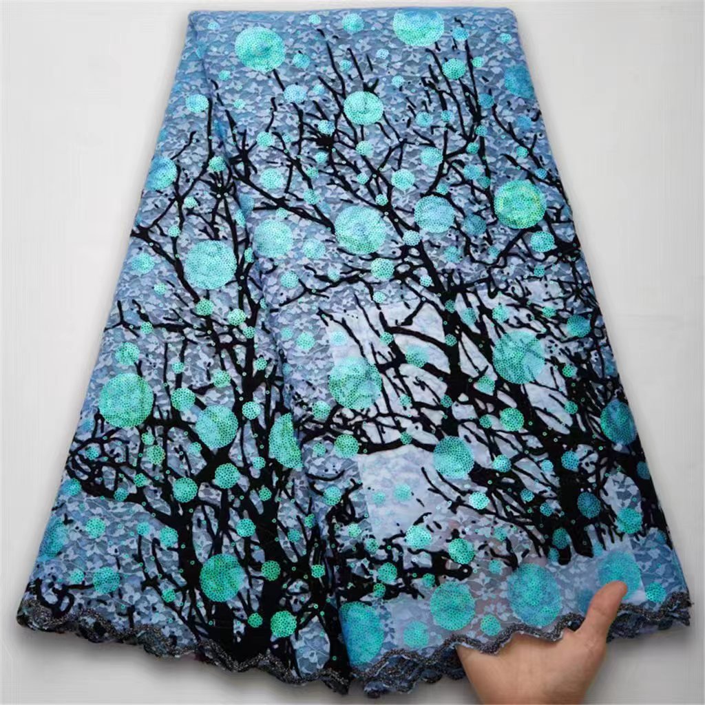 2024 African Nigerian Lace Fabric 100% Polyester Embroidery Tulle Lace Sewing Party Clothing Wave Point Lace Sequin Fabric