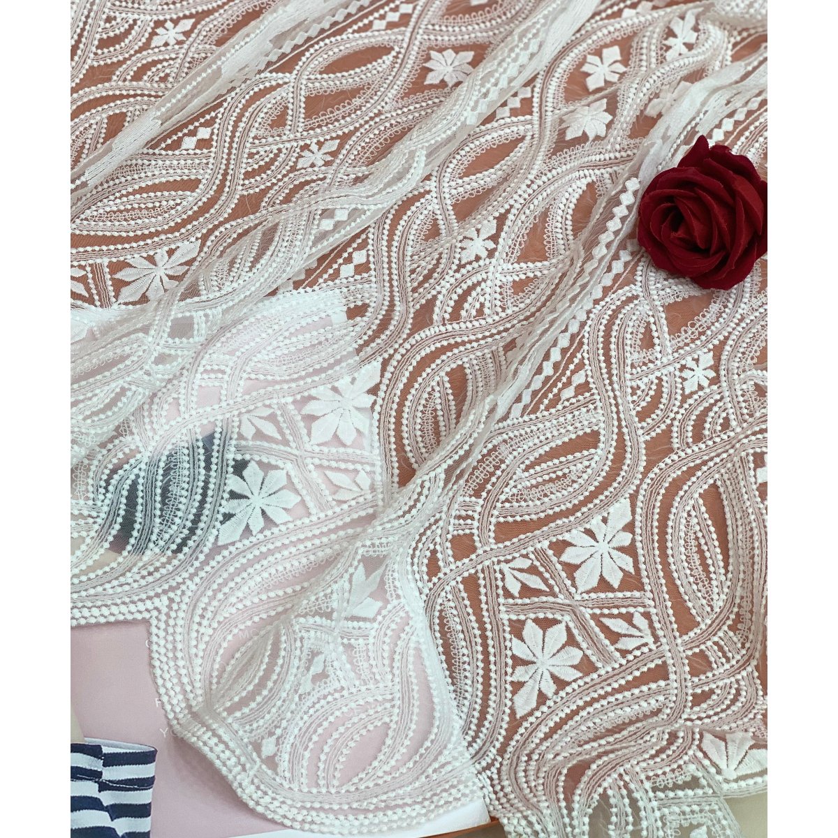 DELACE hot sale Boho stye hollow out lace laser fabric bridal hollow lace ivory pure white lace fabric for weddingdress