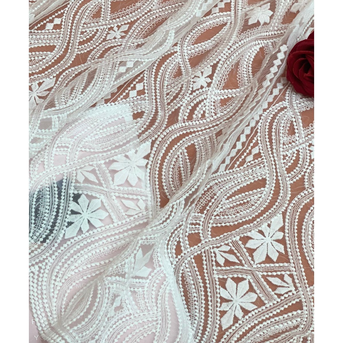 DELACE hot sale Boho stye hollow out lace laser fabric bridal hollow lace ivory pure white lace fabric for weddingdress