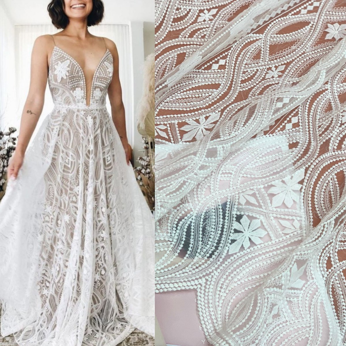 DELACE hot sale Boho stye hollow out lace laser fabric bridal hollow lace ivory pure white lace fabric for weddingdress