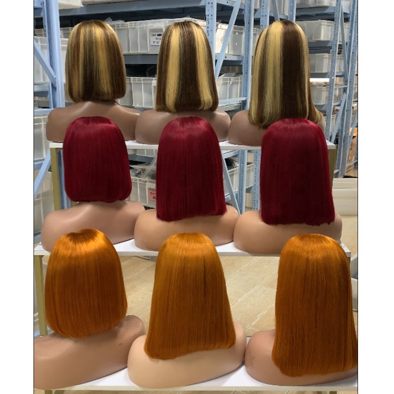 Ready to Ship Straight Bob Wig Wholesale 13*4 Full Lace Front Human Hair Wigs For Black Women 99j P4//27 Colored Preplucked Bob