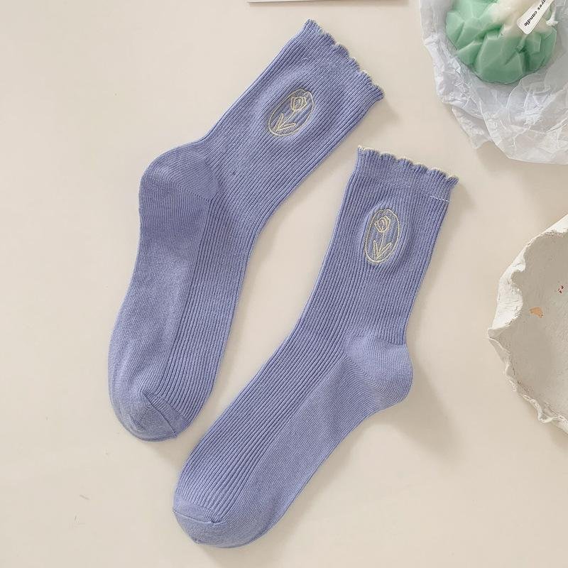 Ins Korean girls fashion tube socks embroidery flower stringy selvedge knit socks cotton socks for girl