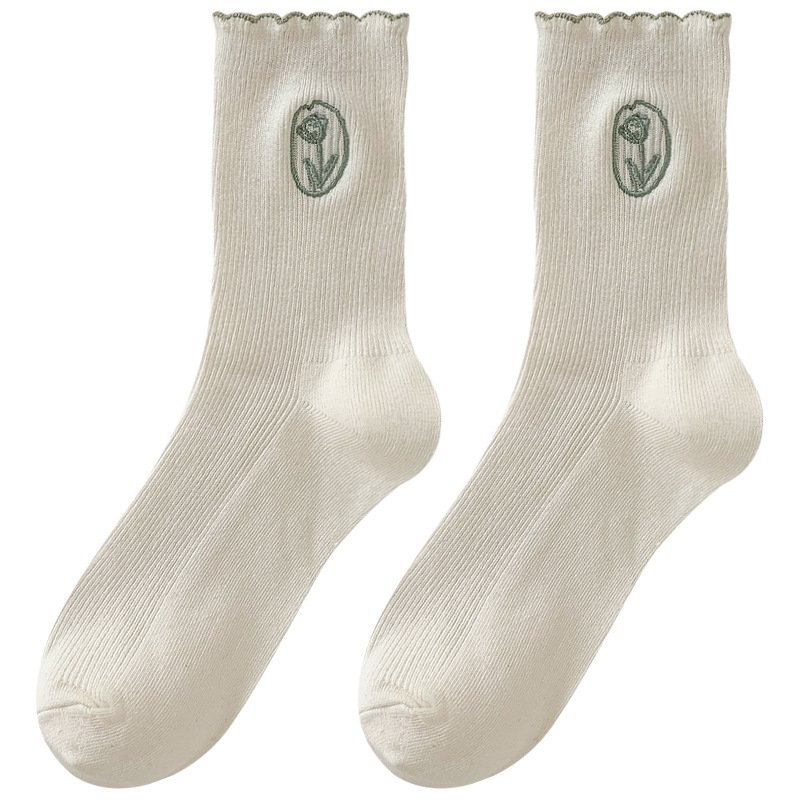 Ins Korean girls fashion tube socks embroidery flower stringy selvedge knit socks cotton socks for girl