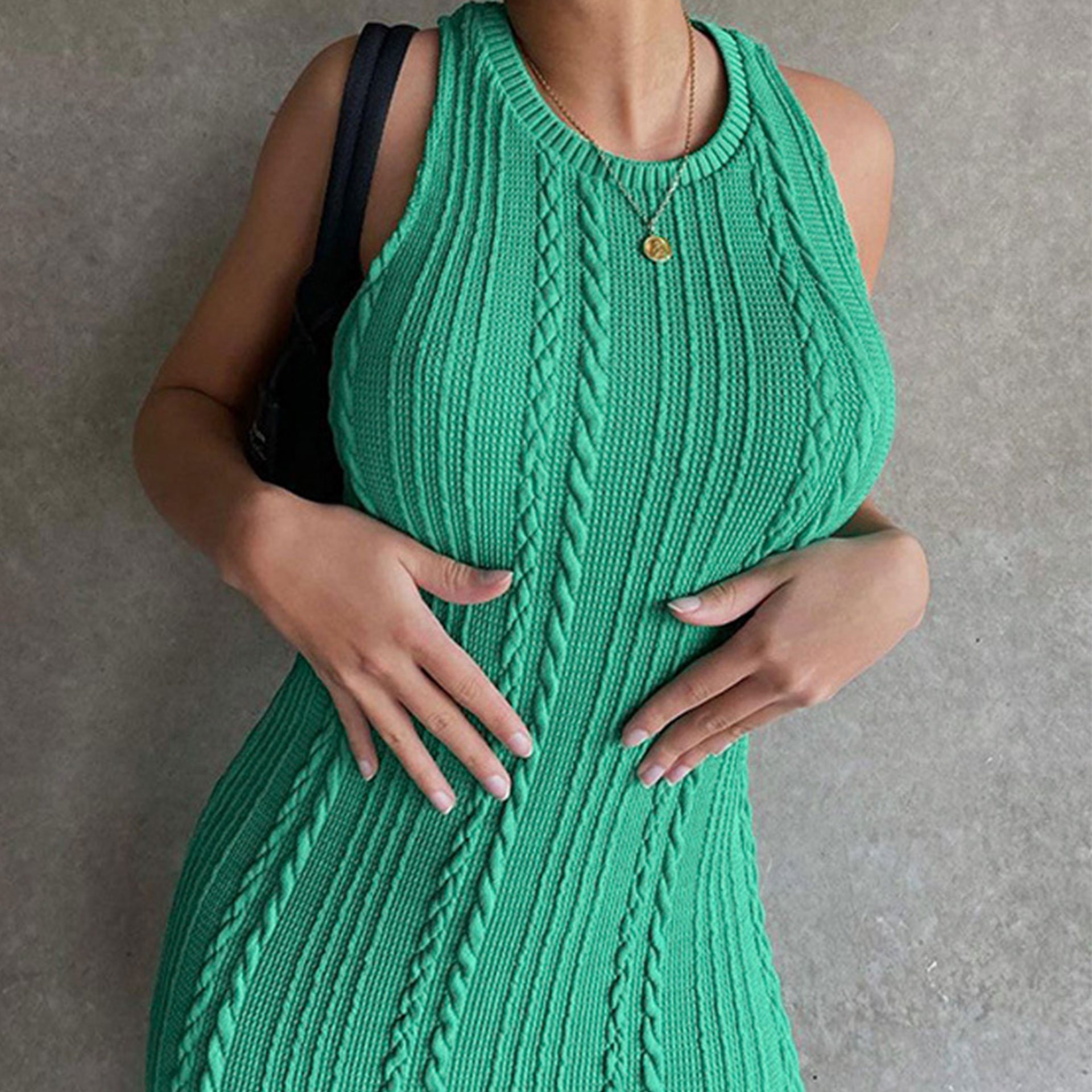 Summer fashion designer trend round neck solid color rib knit fabric sleeveless fashionable long dress