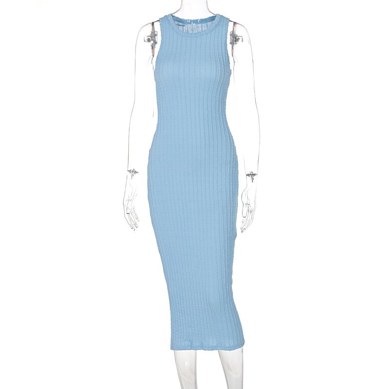Summer fashion designer trend round neck solid color rib knit fabric sleeveless fashionable long dress