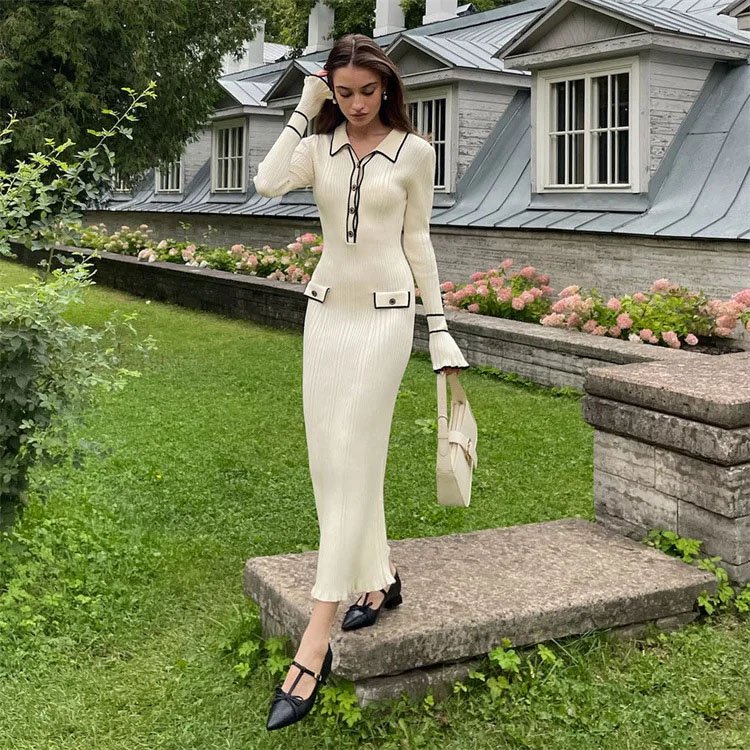 Button Lapel Slim Fit Knitted Women's Long Sleeve Turn-down Collar Sweater Dress Button Rib Slim Ruffles Elegant Maxi Dress