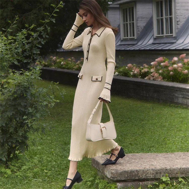 Button Lapel Slim Fit Knitted Women's Long Sleeve Turn-down Collar Sweater Dress Button Rib Slim Ruffles Elegant Maxi Dress