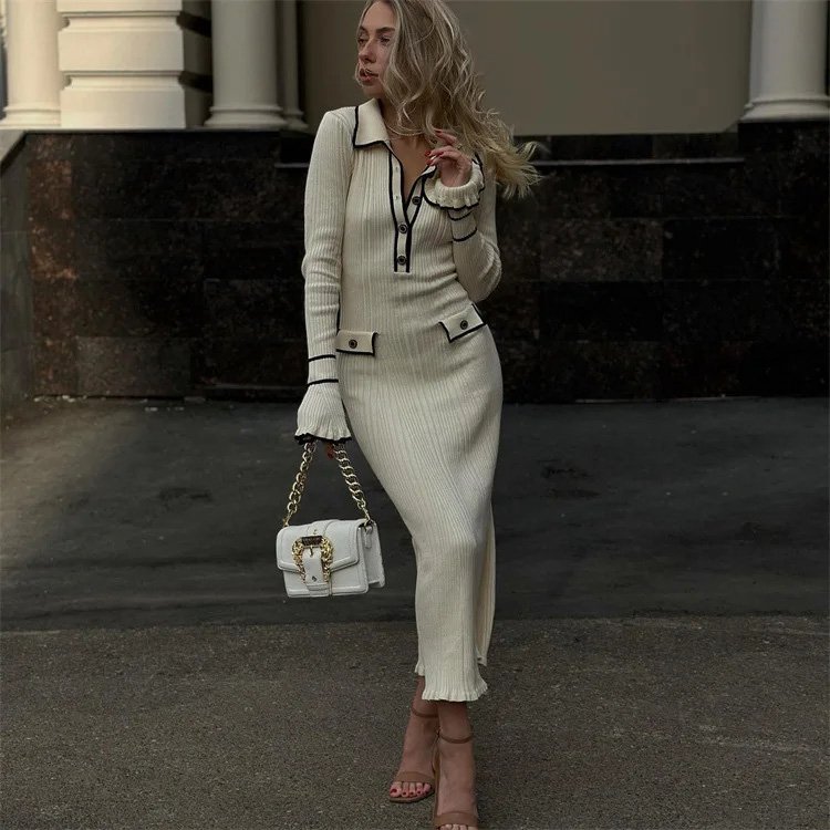 Button Lapel Slim Fit Knitted Women's Long Sleeve Turn-down Collar Sweater Dress Button Rib Slim Ruffles Elegant Maxi Dress