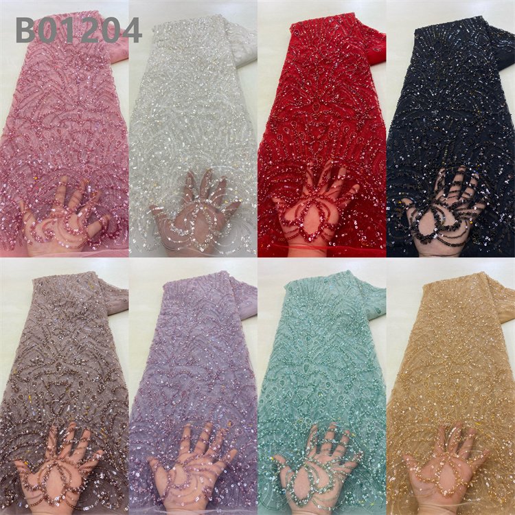 High Quality Purple Pink Beaded Tulle Embroidery Fabric Sequins Beads Bridal Lace Fabric