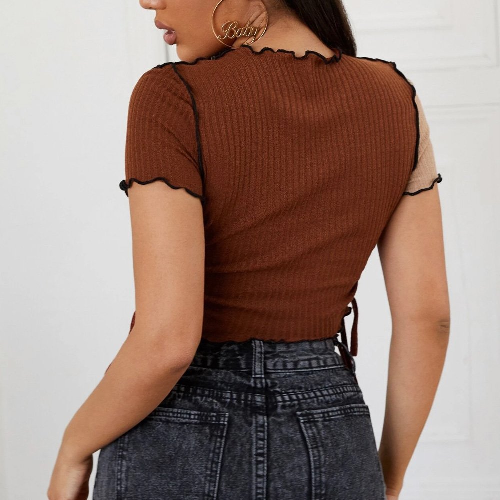 New Arrival Summer Drawstring Side Women's Fashionable Crop Top / Wholesale Custom Color Block Rib Knit Crop Top Women
