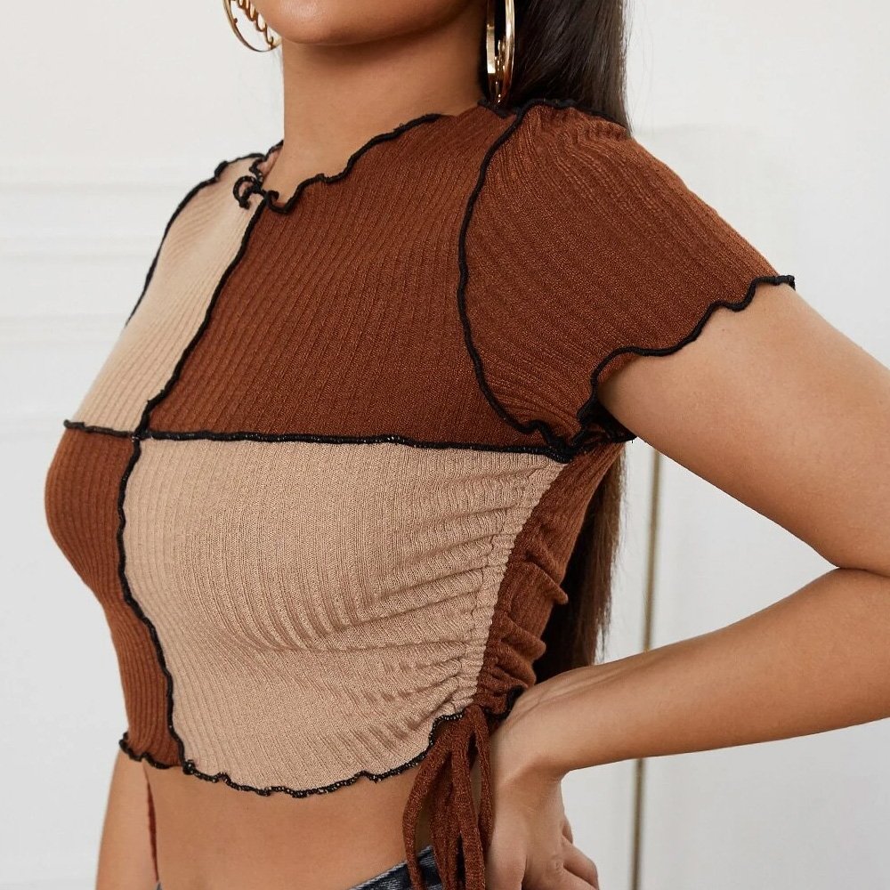 New Arrival Summer Drawstring Side Women's Fashionable Crop Top / Wholesale Custom Color Block Rib Knit Crop Top Women
