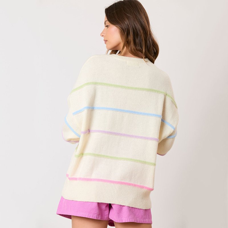 Wholesale winter casual warm jumper single breasted crew neck lovely pullover colorful striped knitted ribbed women sweater