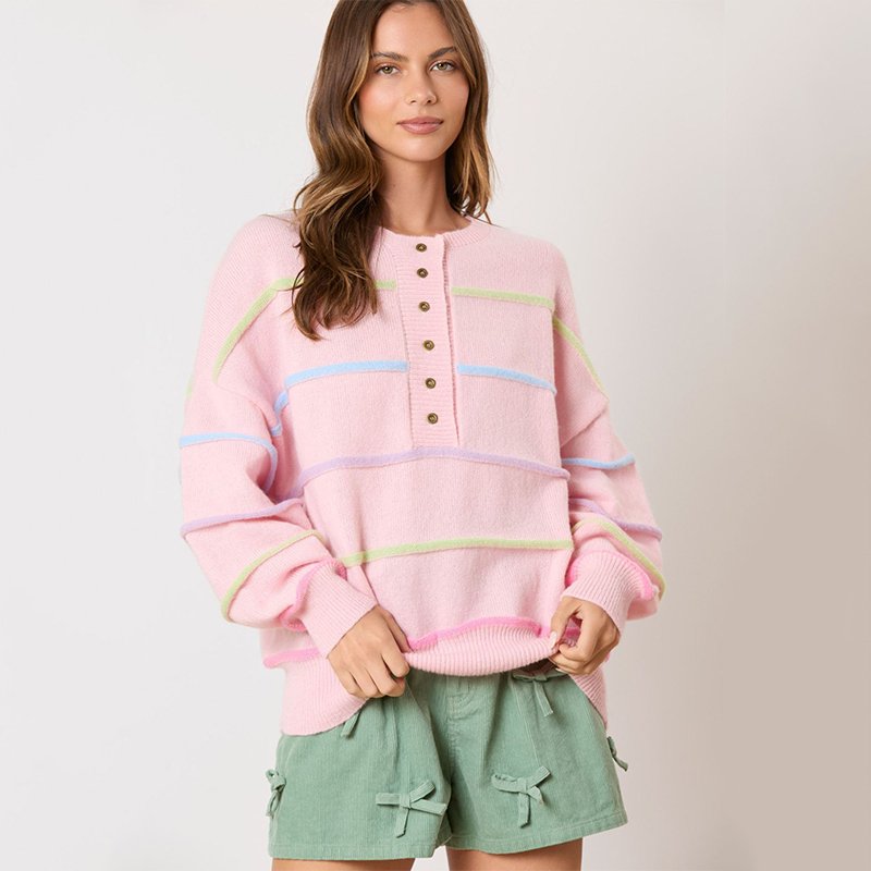 Wholesale winter casual warm jumper single breasted crew neck lovely pullover colorful striped knitted ribbed women sweater