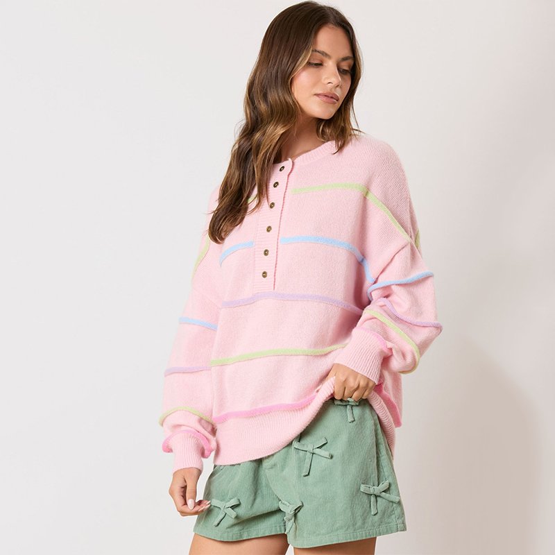 Wholesale winter casual warm jumper single breasted crew neck lovely pullover colorful striped knitted ribbed women sweater