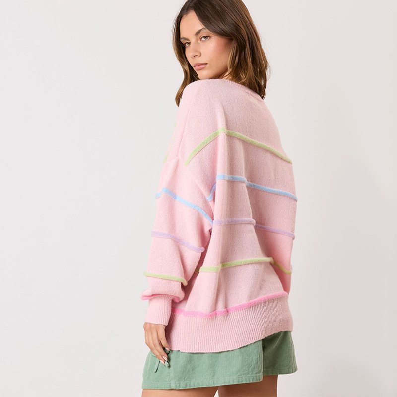 Wholesale winter casual warm jumper single breasted crew neck lovely pullover colorful striped knitted ribbed women sweater
