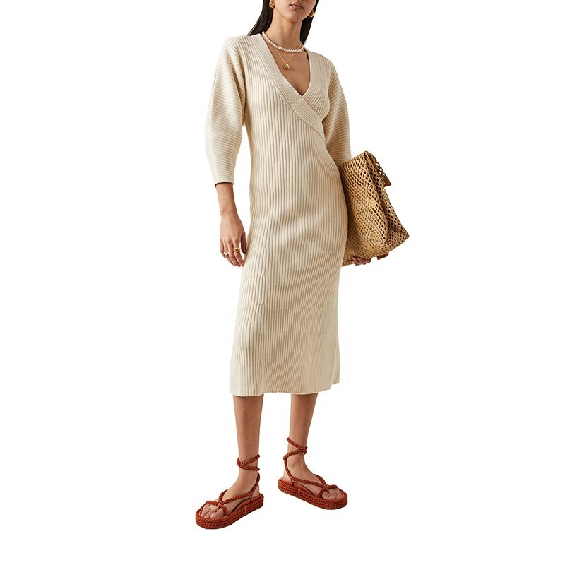 Ribbed Cotton Knit Midi Dress Elegant Ladies Long V-neck Sweater Dress Wrap Batwing Puff Sleeves Designer Casual Dress Natural
