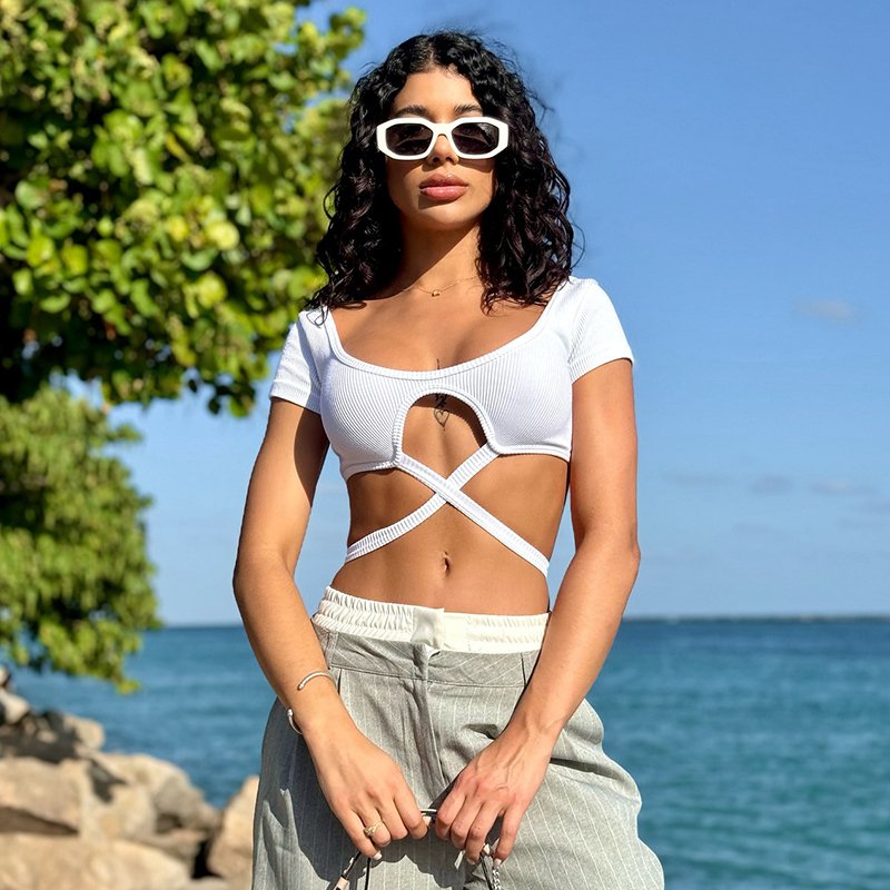 Peeqi D24TP294 2024 Summer Girl Solid Ribbed T Shirt Short Crop Top Women Tees Ladies Casual Ladies Lace Up Short Tees