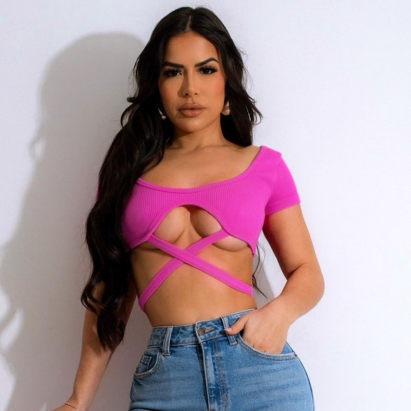 Peeqi D24TP294 2024 Summer Girl Solid Ribbed T Shirt Short Crop Top Women Tees Ladies Casual Ladies Lace Up Short Tees
