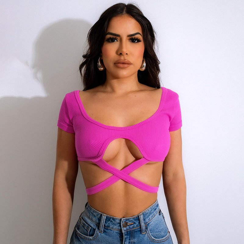 Peeqi D24TP294 2024 Summer Girl Solid Ribbed T Shirt Short Crop Top Women Tees Ladies Casual Ladies Lace Up Short Tees