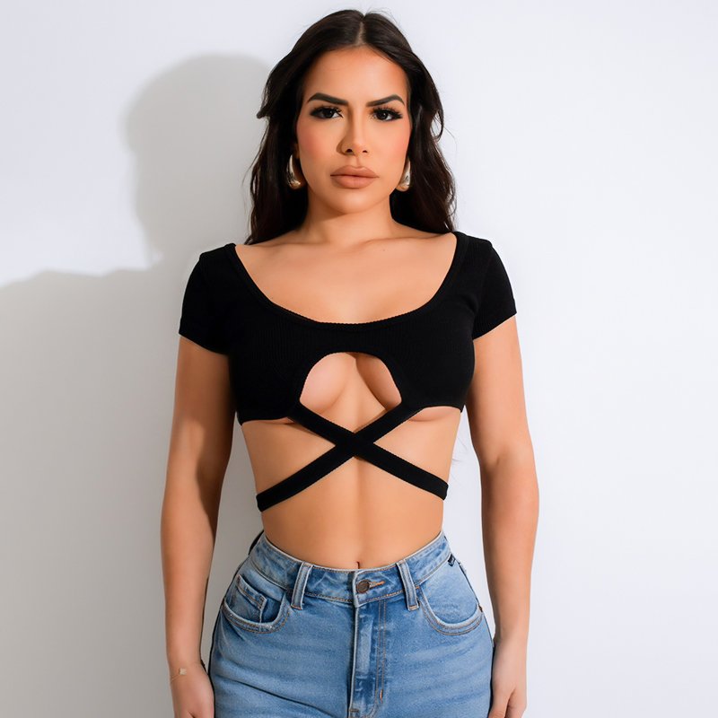 Peeqi D24TP294 2024 Summer Girl Solid Ribbed T Shirt Short Crop Top Women Tees Ladies Casual Ladies Lace Up Short Tees