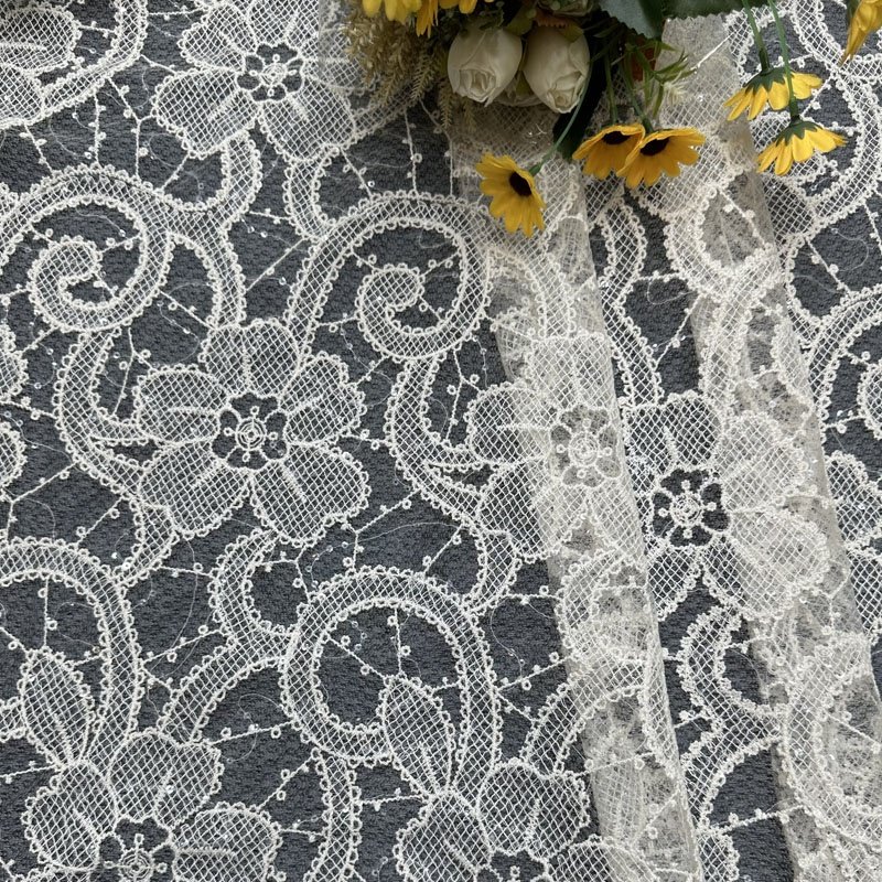 Eco-Friendly Embroidery Lace Fabric Mesh Crochet Sequins Polyester Lace for Garments