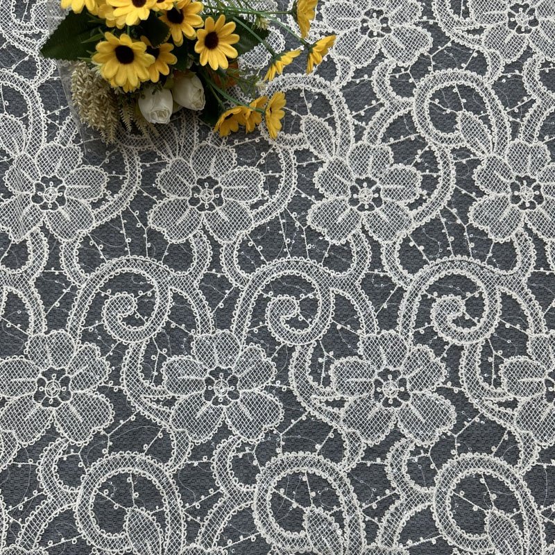 Eco-Friendly Embroidery Lace Fabric Mesh Crochet Sequins Polyester Lace for Garments