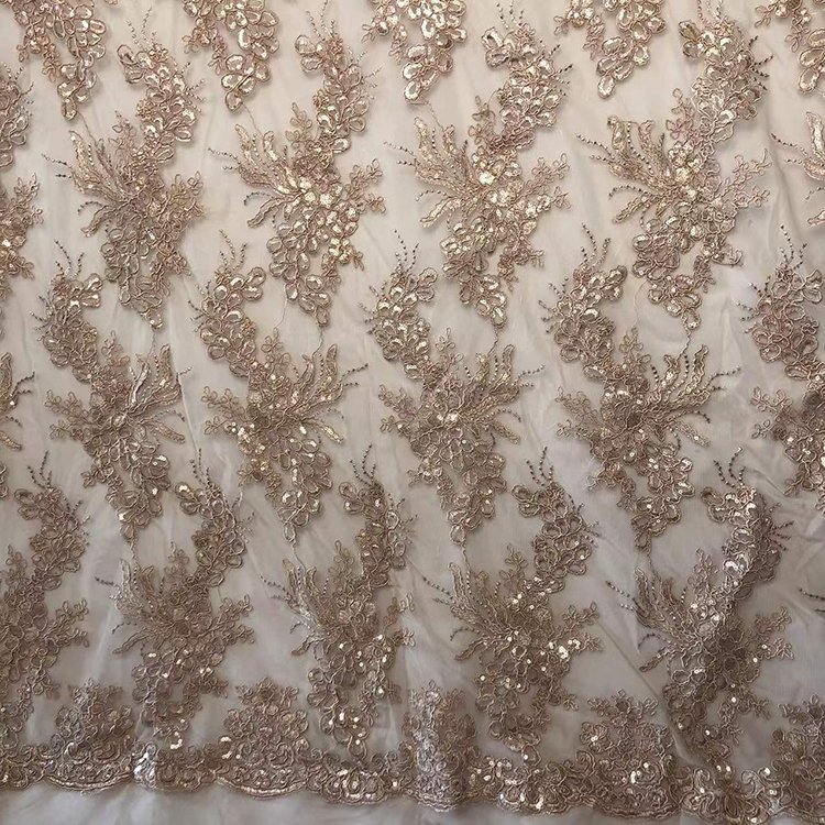 High end 3D mesh sequin embroidery fabric for wedding dress, 100% polyester embroidery fabric/