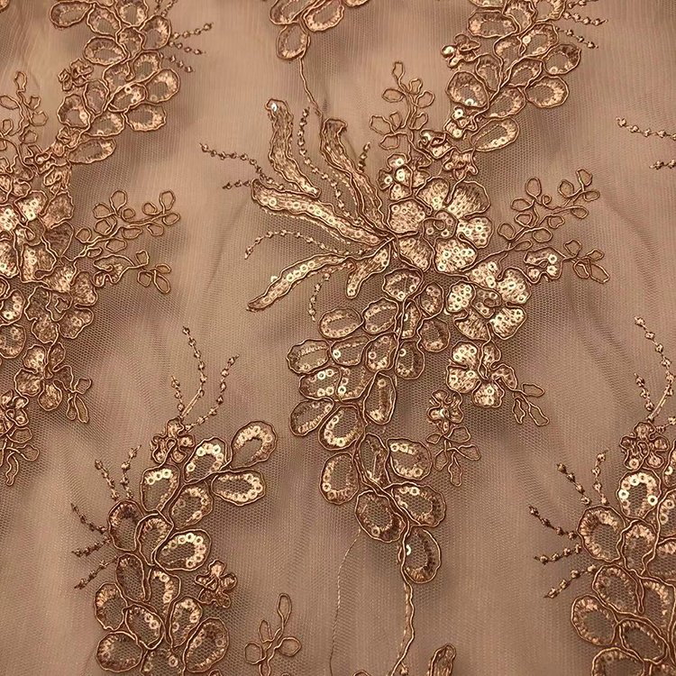 High end 3D mesh sequin embroidery fabric for wedding dress, 100% polyester embroidery fabric/