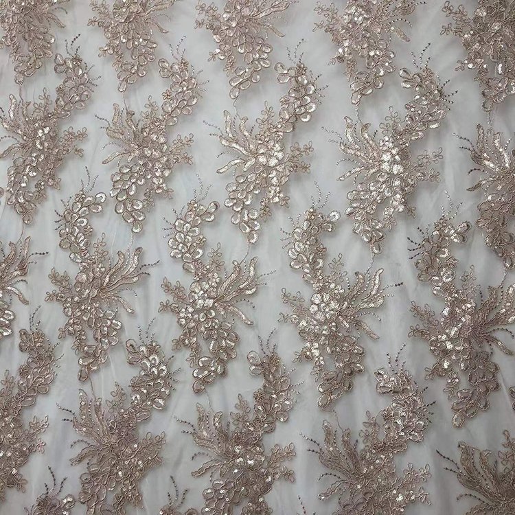 High end 3D mesh sequin embroidery fabric for wedding dress, 100% polyester embroidery fabric/