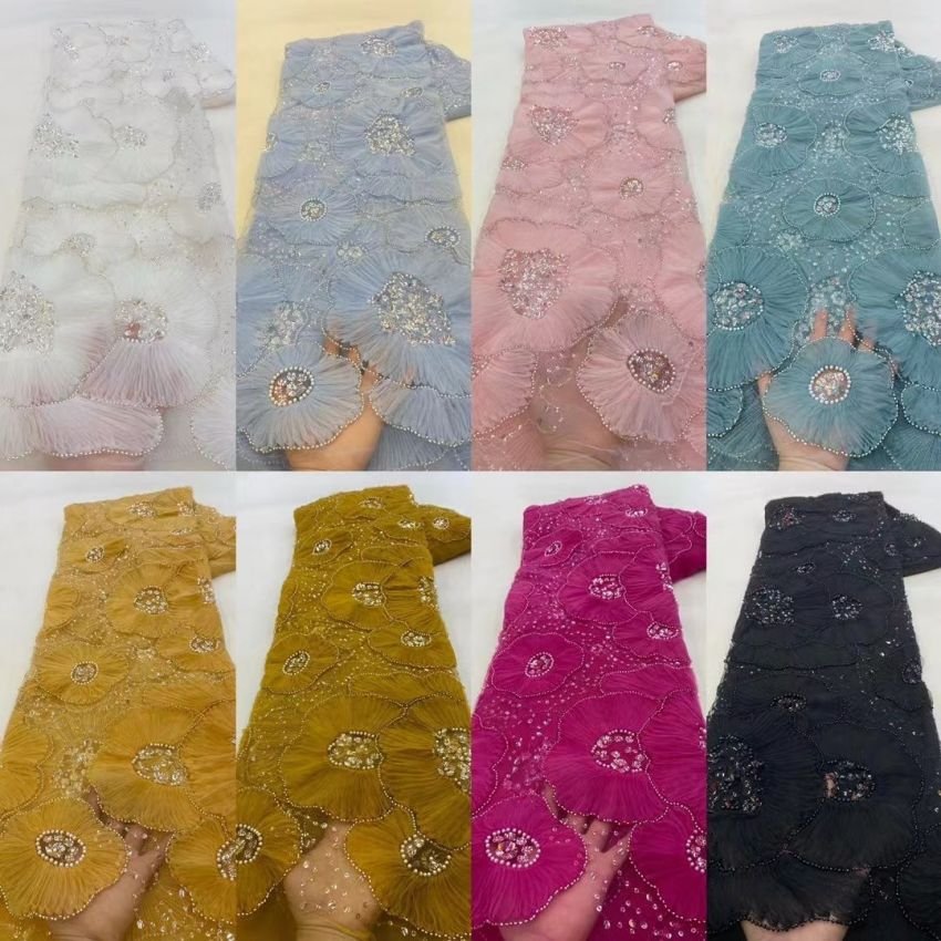big flower 3d lace fabric flower grey 3d flower and bead lace fabric 2023