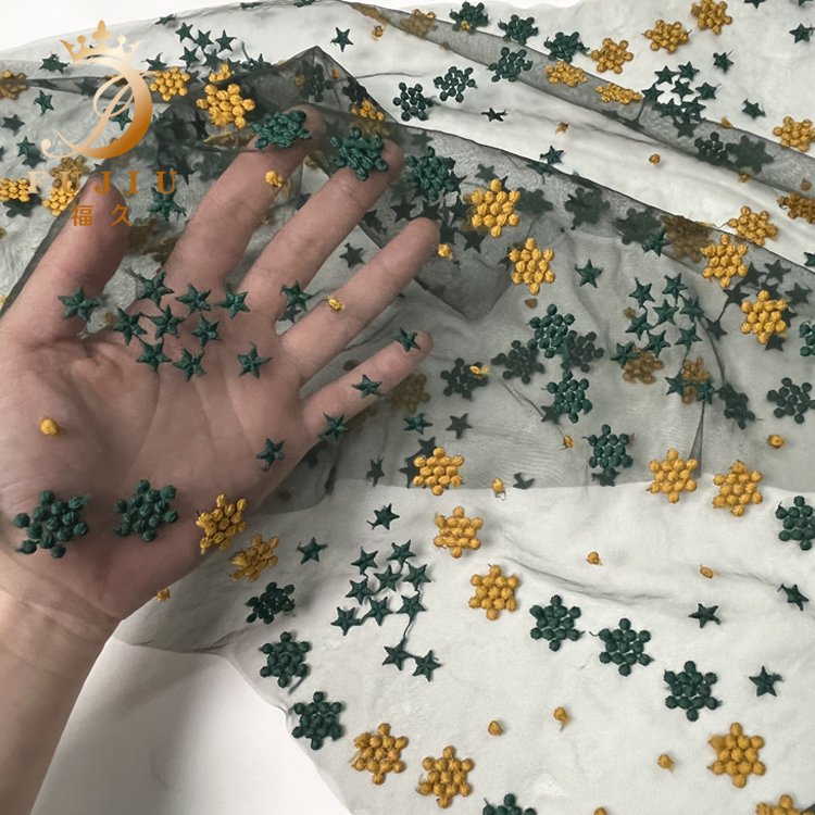 Fujiu hot selling embroidery fabric 3d lovely stars tulle fabric