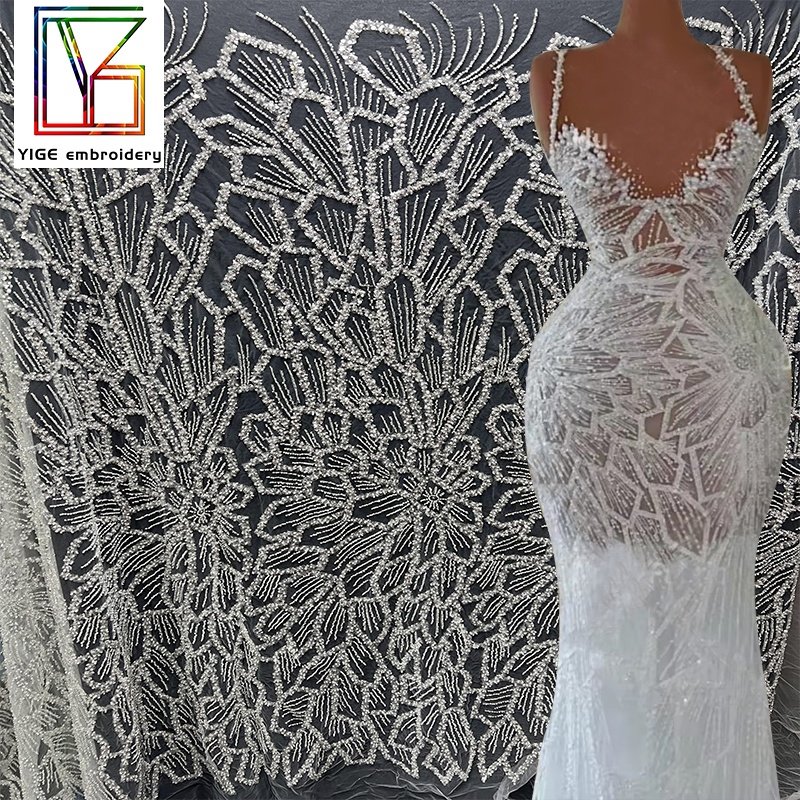 New arrival beaded tulle lace bridal white lace fabric embroidery Beads fabrics sequins for women wedding dress fabric