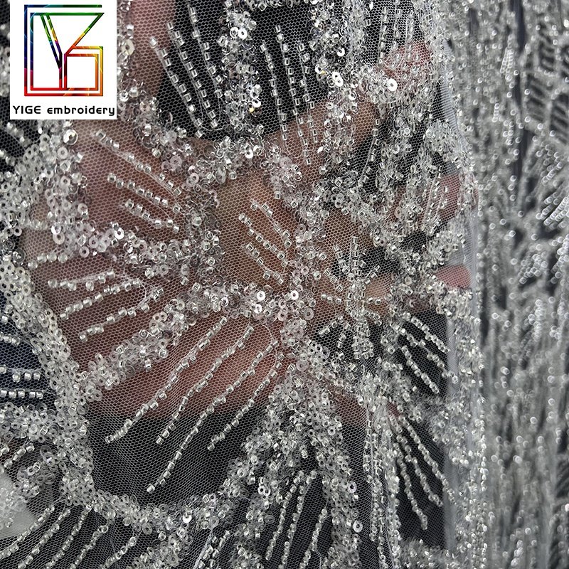 New arrival beaded tulle lace bridal white lace fabric embroidery Beads fabrics sequins for women wedding dress fabric