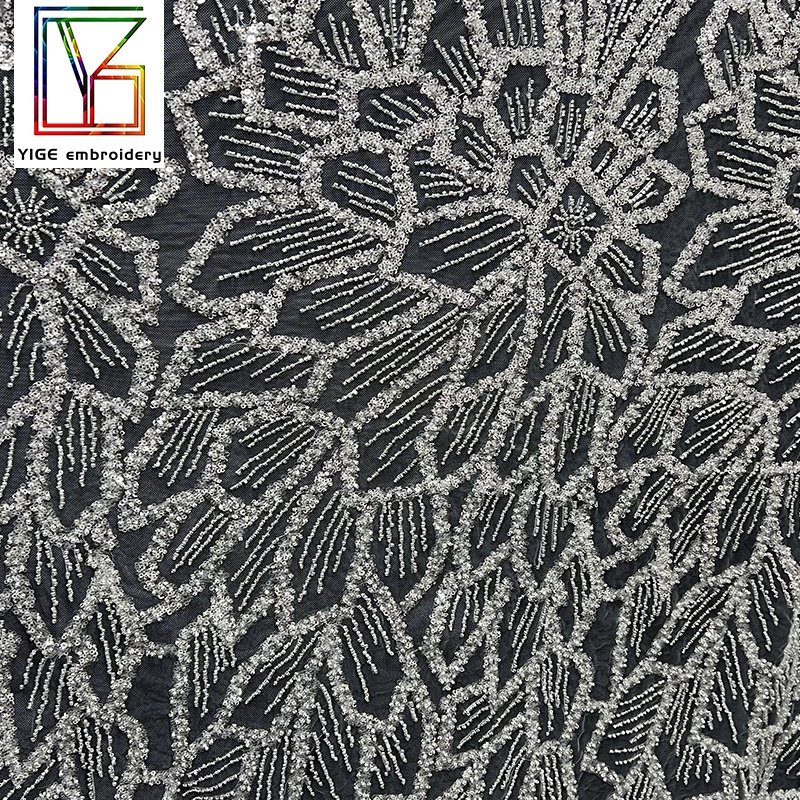 New arrival beaded tulle lace bridal white lace fabric embroidery Beads fabrics sequins for women wedding dress fabric
