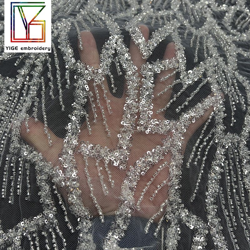 New arrival beaded tulle lace bridal white lace fabric embroidery Beads fabrics sequins for women wedding dress fabric