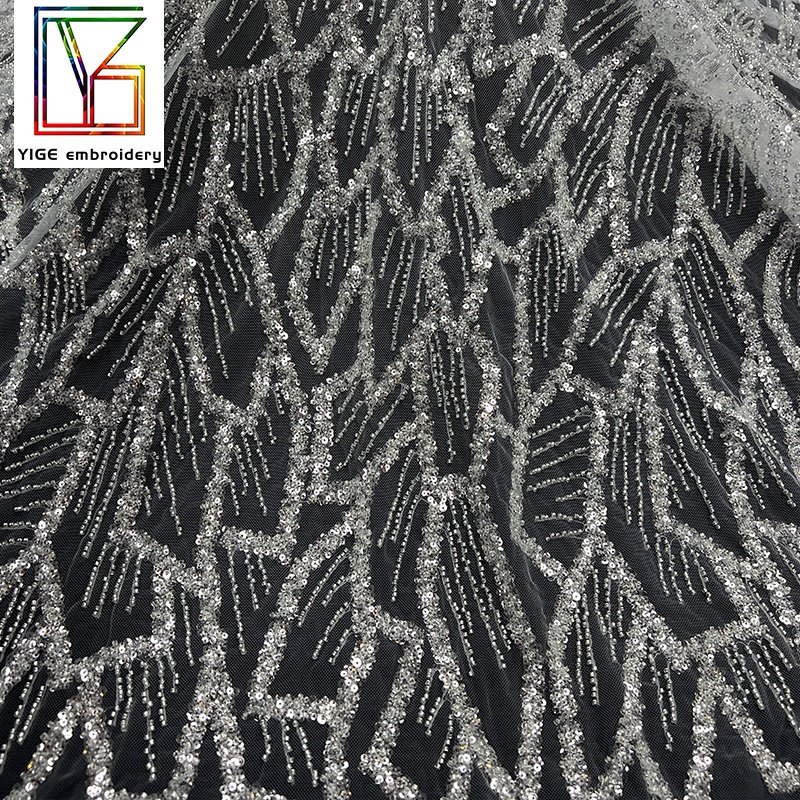 New arrival beaded tulle lace bridal white lace fabric embroidery Beads fabrics sequins for women wedding dress fabric