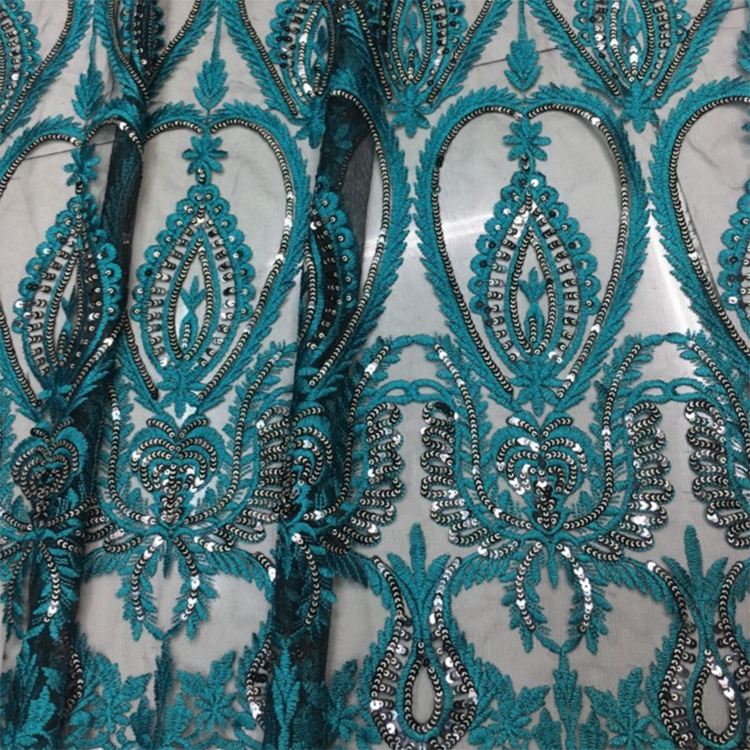 Boutique lace embroidery fabric high-end green with sequin embroidery dress mesh MF66