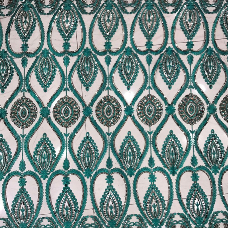 Boutique lace embroidery fabric high-end green with sequin embroidery dress mesh MF66